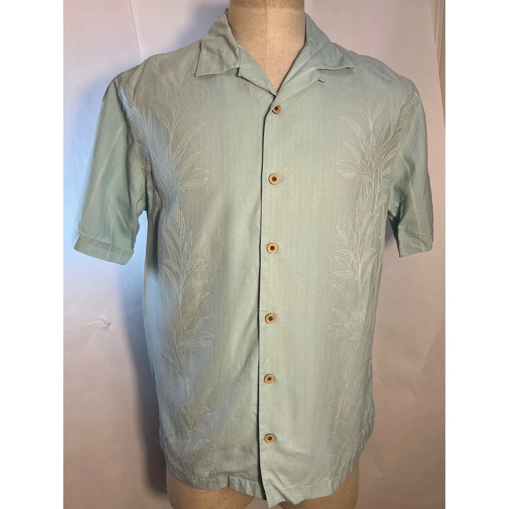 Tommy Bahama 100% Silk Men's Short Sleeve Button Up Blue Green Shirt Size Medium